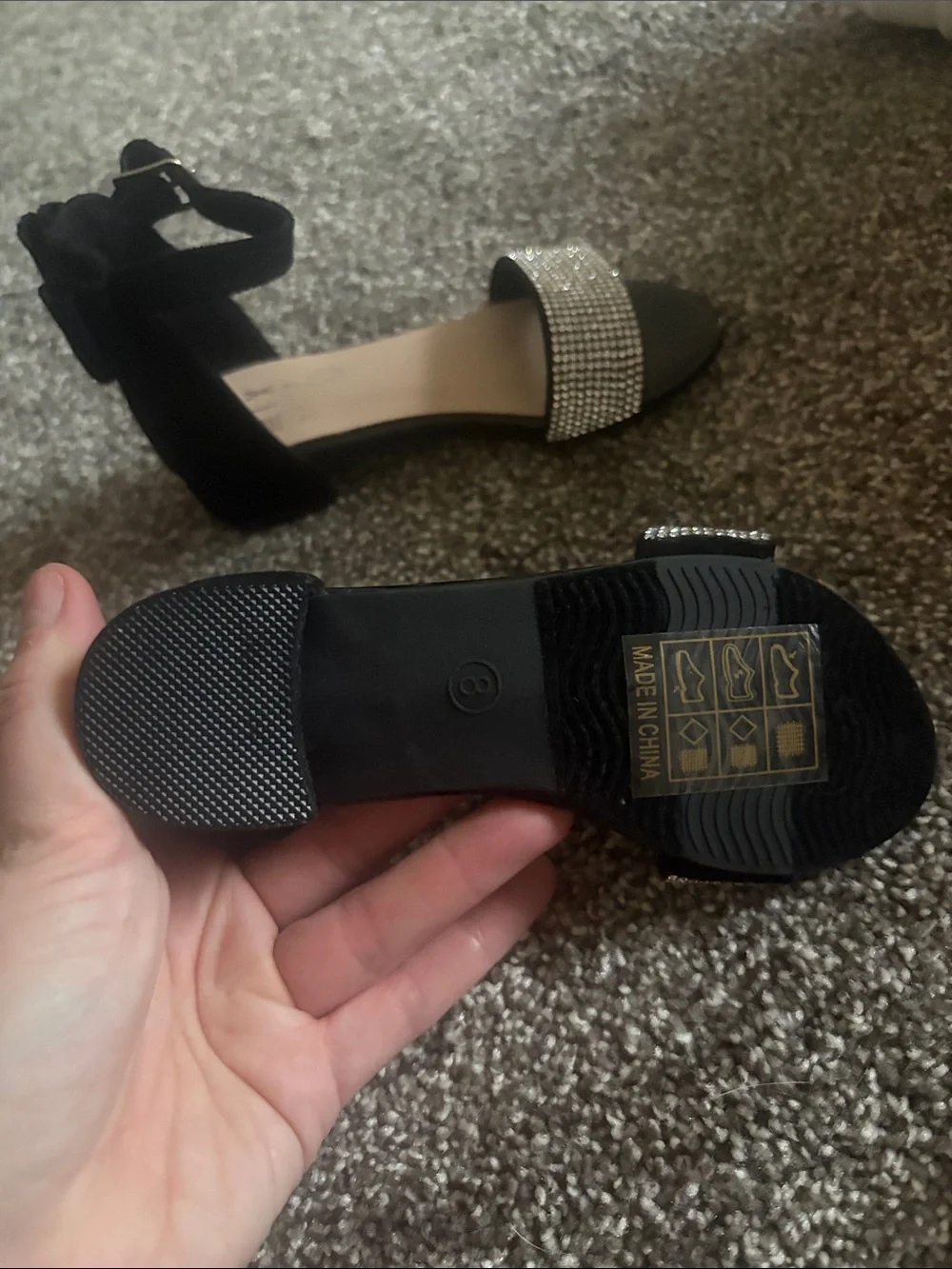 Mix No. 6 Black Ankle Strap Block Heel Sandals with Rhinestone Band